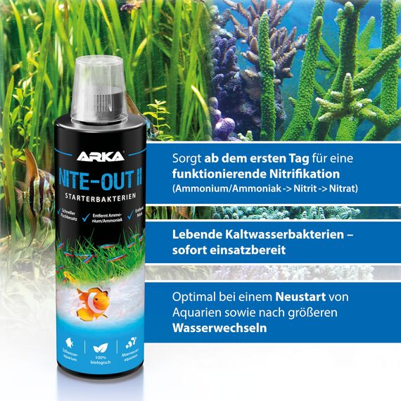 Starterbakterien Aquarium 118 ml – baut Ammonium & Nitrit schnell ab – für Einfahrphase, Neustart, Wasserwechsel & Fischbesatz – sofort aktiv für Süß- & Meerwasser – ARKA Nite-Out II