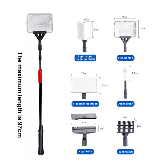 boxtech Aquarium Reinigungswerkzeuge, Fish Tank Reiniger Set 6 in 1 mit Algenschaber, Glasschwamm, Kiesbesen, Rohrbürste, Netz-Reinigungswerkzeug fürs Aquarium