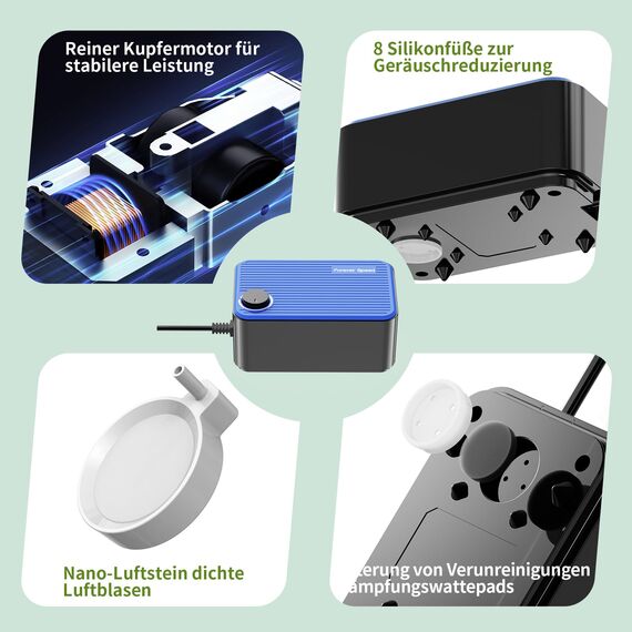 Forever Speed Leiseste Aquarium Luftpumpe <40db,5.5W Regelbare Sauerstoffpumpe Aquarium leise bis 400L mit Zubehör mit 2 Luftauslässen