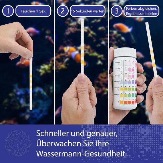 7 in 1 Aquarium Teststreifen, 100 Streifen Aquarium Test Kit zum Testen von PH Nitrit Nitrat Gesamthärte, freies Chlor, Gesamtalkalität, Karbonat, Genaue Salzwasser, Süßwasser Aquarium Wasserprüfung