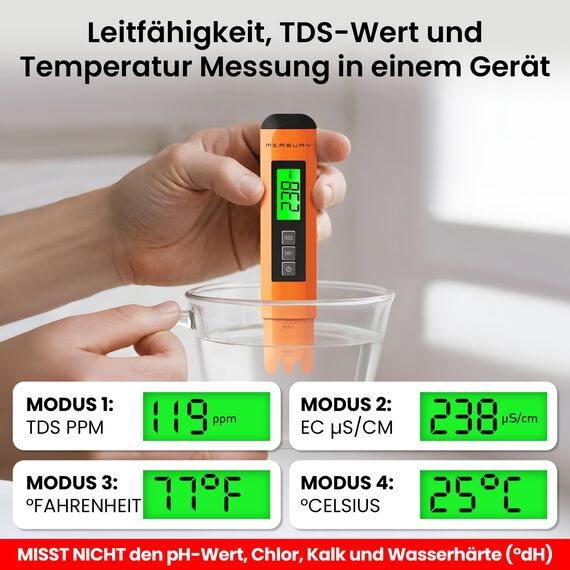 Measury Mikrosiemens Messgerät und PPM Messgerät Wasser, Wassertester Trinkwasser, TDS Messgerät für Trinkwasser, EC Messgerät, Leitwertmessgerät Aquarium - Leitfähigkeitsmessgerät Wasser Tester