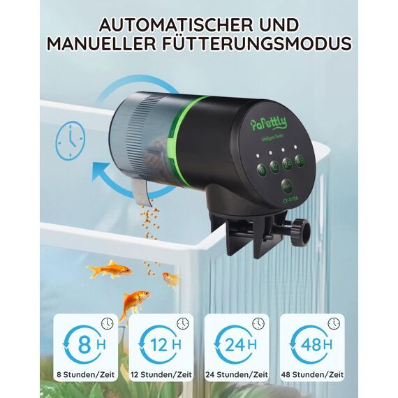 Papettly Futterautomat Aquarium, Automatischer Fischfutterautomat für Aquarium mit Batteriebetrieben, Fische Fischfutterspender 200ml, 2 AAA-Batterien im Lieferumfang enthalten, Fischfutterschwimmring