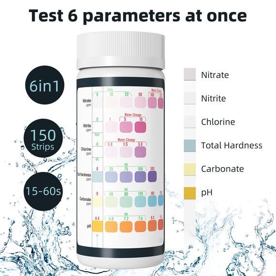 RUNBO 6 in 1 Aquarium-Teststreifen, 150 Stück, Aquarium-Test-Set für Süßwasser, Fischteich, genaue Prüfung der Gesamthärte, Karbonat-Nitrat, Nitrit, Cl2, pH