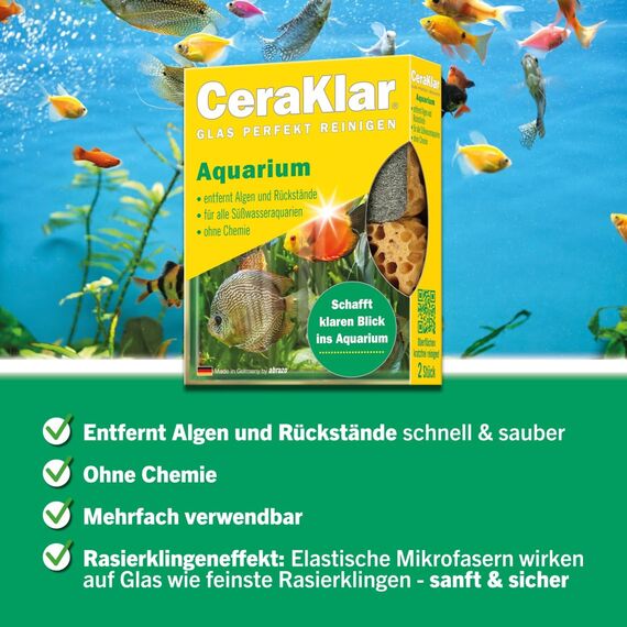 abrazo CeraKlar Aquarium Scheibenreiniger - 2 Scheibenreiniger Aquarium Glasreiniger, kratzfreier Algenentferner für Süßwasseraquarien und Terrarien