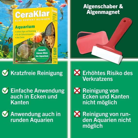 abrazo CeraKlar Aquarium Scheibenreiniger - 2 Scheibenreiniger Aquarium Glasreiniger, kratzfreier Algenentferner für Süßwasseraquarien und Terrarien