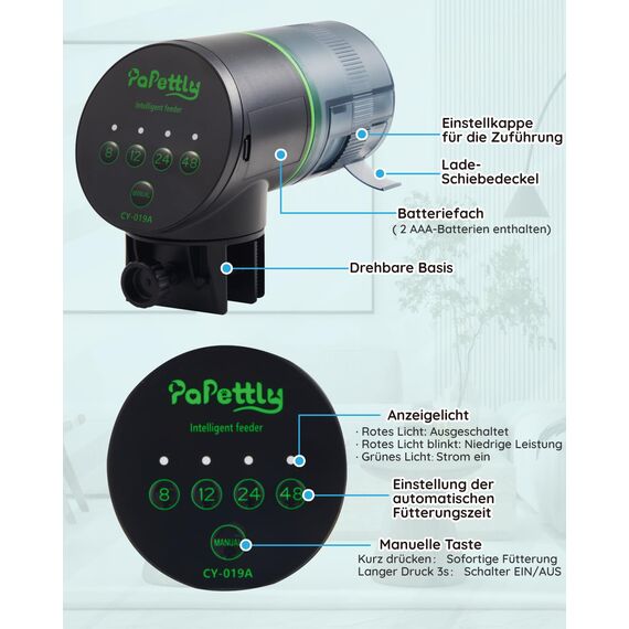 Papettly Futterautomat Aquarium, Automatischer Fischfutterautomat für Aquarium mit Batteriebetrieben, Fische Fischfutterspender 200ml, 2 AAA-Batterien im Lieferumfang enthalten, Fischfutterschwimmring