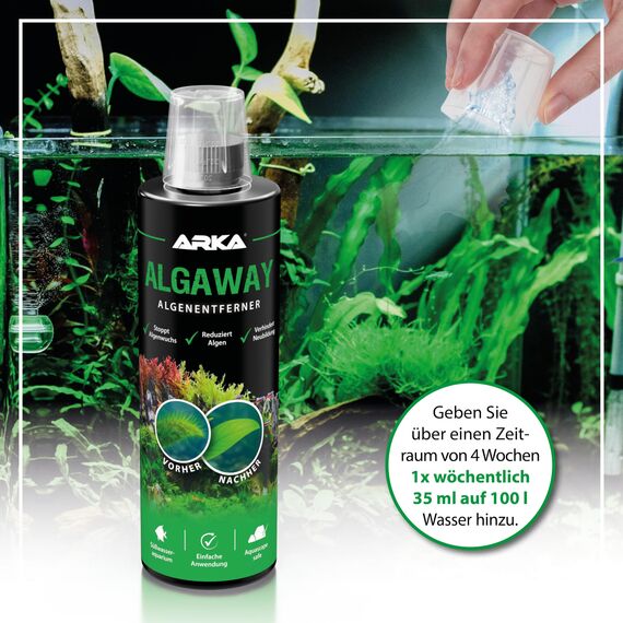 Algenentferner Aquarium 118 ml – schnelle Hilfe gegen Faden-, Punkt- & Grünalgen – kupferfrei & pflanzensicher – für kleine Becken, Nachdosierung & klare Sicht – ARKA Algaway