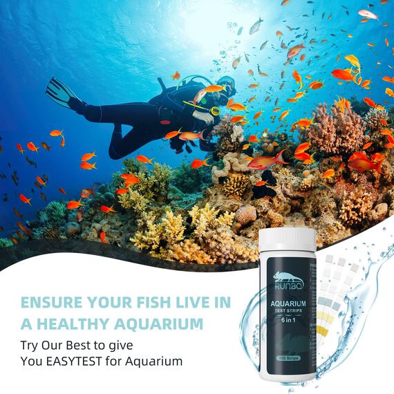 RUNBO 6 in 1 Aquarium-Teststreifen, 150 Stück, Aquarium-Test-Set für Süßwasser, Fischteich, genaue Prüfung der Gesamthärte, Karbonat-Nitrat, Nitrit, Cl2, pH