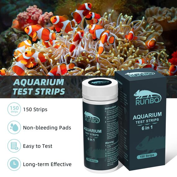 RUNBO 6 in 1 Aquarium-Teststreifen, 150 Stück, Aquarium-Test-Set für Süßwasser, Fischteich, genaue Prüfung der Gesamthärte, Karbonat-Nitrat, Nitrit, Cl2, pH