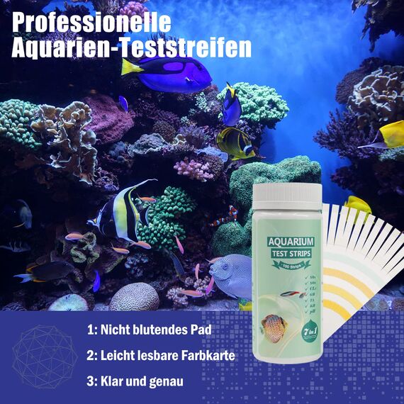 7 in 1 Aquarium Teststreifen, 100 Streifen Aquarium Test Kit zum Testen von PH Nitrit Nitrat Gesamthärte, freies Chlor, Gesamtalkalität, Karbonat, Genaue Salzwasser, Süßwasser Aquarium Wasserprüfung