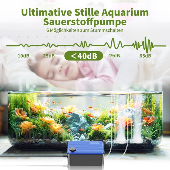 Forever Speed Leiseste Aquarium Luftpumpe <40db,5.5W Regelbare Sauerstoffpumpe Aquarium leise bis 400L mit Zubehör mit 2 Luftauslässen