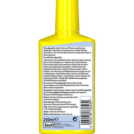 Tetra AquaSafe - Qualitäts-Wasseraufbereiter für fischgerechtes und naturnahes Aquariumwasser, neutralisiert fischschädliche Stoffe im Leitungswasser, 250 ml Flasche