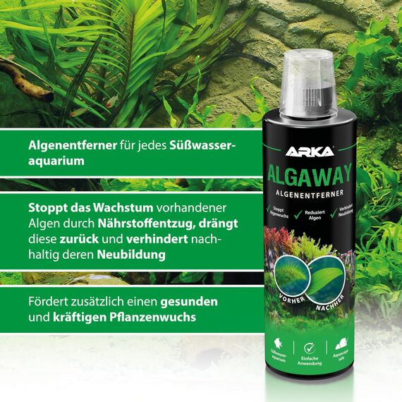 Algenentferner Aquarium 118 ml – schnelle Hilfe gegen Faden-, Punkt- & Grünalgen – kupferfrei & pflanzensicher – für kleine Becken, Nachdosierung & klare Sicht – ARKA Algaway