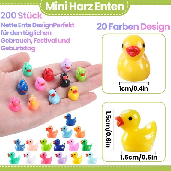 XIMISHOP 200 Stück Mini Enten Harz, 20 Farben Miniatur Ducks Kleine Figuren Bunte Tiere Enten für Dekoration Aquarium Miniaturgarten Puppenhaus Handwerk Landschaftsgärten, Bonsai, Fischbecken