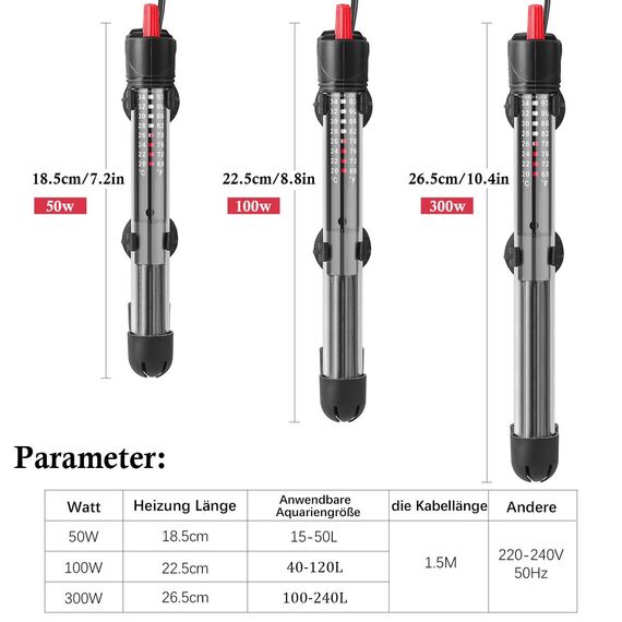 FEDOUR 100W 40-120L Aquarium Heizung, Verdicktes Quarzglas Aquarienheizer, Temperatur Einstellbare Aquarium Heizer Mit Saugnäpfen/Thermostat
