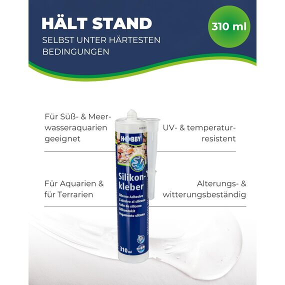 HOBBY Aquaristik Silikonkleber I 310 ml Kartusche I hochelastischer Silikon für Aquarien I alterungs- & witterungsbeständiger Aquarien-Silikon I Aquarienkleber UV- & temperaturresistent I transparent