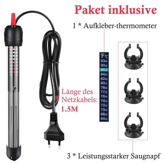 FEDOUR 100W 40-120L Aquarium Heizung, Verdicktes Quarzglas Aquarienheizer, Temperatur Einstellbare Aquarium Heizer Mit Saugnäpfen/Thermostat