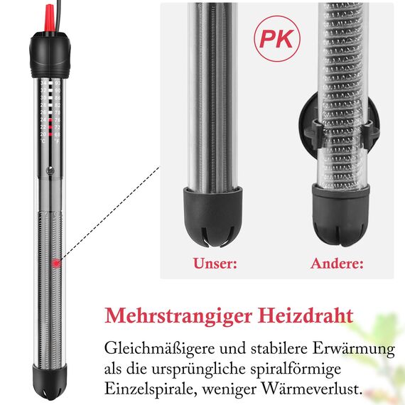 FEDOUR 300W 100-240L Aquarium Heizung, Verdicktes Quarzglas Aquarienheizer, Temperatur Einstellbare Aquarium Heizer Mit Saugnäpfen/Thermostat