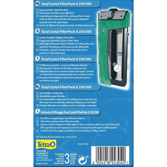 Tetra EasyCrystal Filter Pack A250/300, Filtermaterial mit AlgoStop Depot Anti-Algenwirkstoff, geeignet für Aquarien von 30 bis 60 Liter, 3 Stück, grau