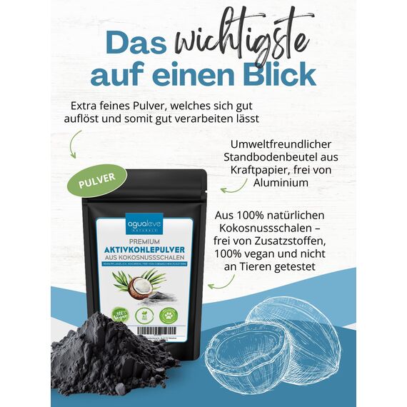 AGUALEVE® Premium Aktivkohle Pulver 200g aus Kokosnussschalen - die Nr. 1 - lässt sich perfekt verarbeiten, in Bad, Küche und Garten - 100% natürlich, frei von chemischen Zusätzen, vegan