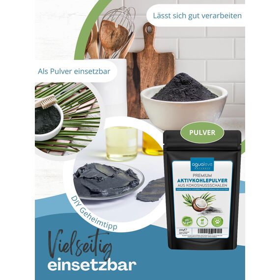AGUALEVE® Premium Aktivkohle Pulver 200g aus Kokosnussschalen - die Nr. 1 - lässt sich perfekt verarbeiten, in Bad, Küche und Garten - 100% natürlich, frei von chemischen Zusätzen, vegan