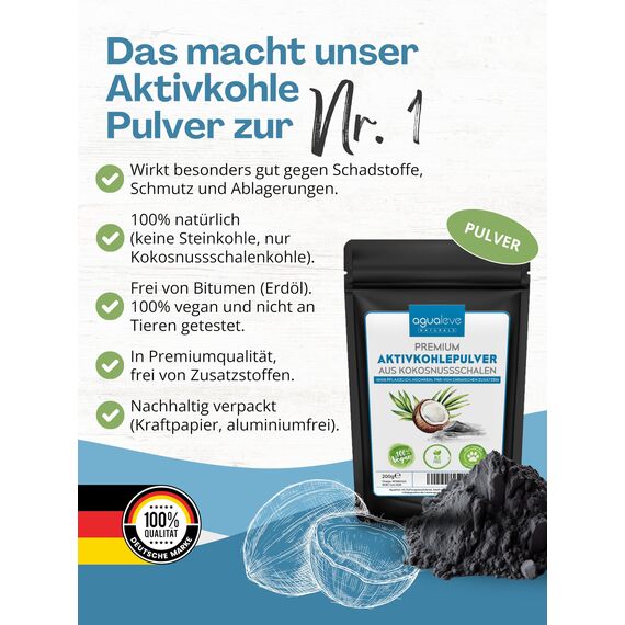 AGUALEVE® Premium Aktivkohle Pulver 200g aus Kokosnussschalen - die Nr. 1 - lässt sich perfekt verarbeiten, in Bad, Küche und Garten - 100% natürlich, frei von chemischen Zusätzen, vegan