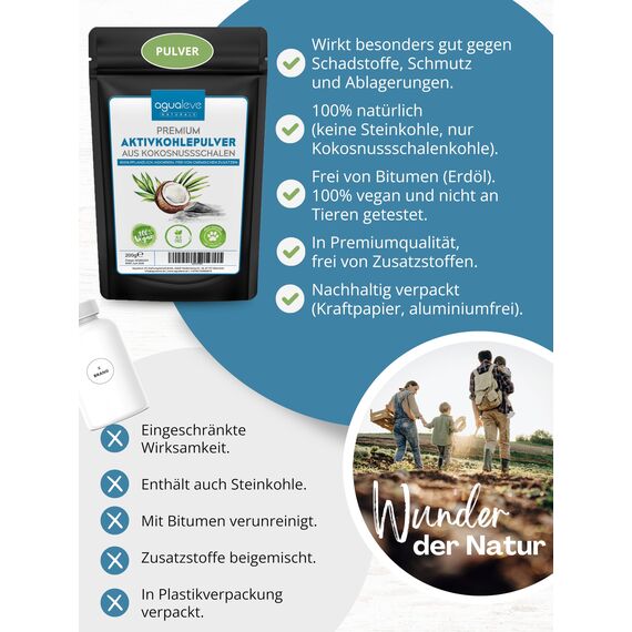 AGUALEVE® Premium Aktivkohle Pulver 200g aus Kokosnussschalen - die Nr. 1 - lässt sich perfekt verarbeiten, in Bad, Küche und Garten - 100% natürlich, frei von chemischen Zusätzen, vegan