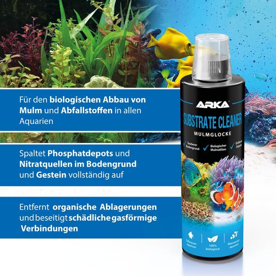 Mulmabbau Aquarium 236 ml – biologischer Bodengrundreiniger ohne Sauger – gegen Mulm, Futterreste & Schlamm – für Süß- & Meerwasser – ARKA Substrate Cleaner