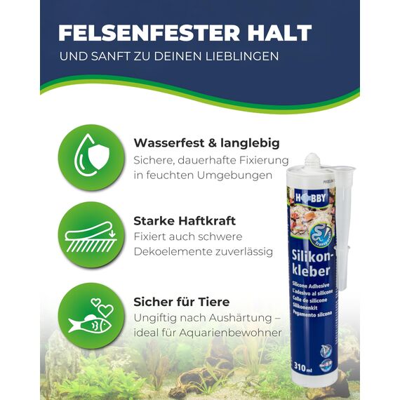 HOBBY Aquaristik Silikonkleber I 310 ml Kartusche I hochelastischer Silikon für Aquarien I alterungs- & witterungsbeständiger Aquarien-Silikon I Aquarienkleber UV- & temperaturresistent I transparent