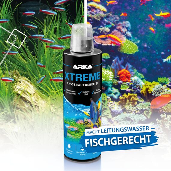 Nano Aquarium Wasseraufbereiter 118 ml – Macht Leitungswasser sofort fischgerecht – neutralisiert Chlor, Ammoniak, Nitrit & Schwermetalle – schützt Garnelen & empfindliche Tiere – ARKA Xtreme