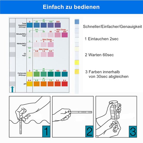 6 in 1 Aquarium Teststreifen, 100 Streifen Aquarium Test Kit zum Testen von PH Nitrit Nitrat Chlor Allgemein Karbonathärte, genaue Salzwasser, Süßwasser Aquarium Wasserprüfung