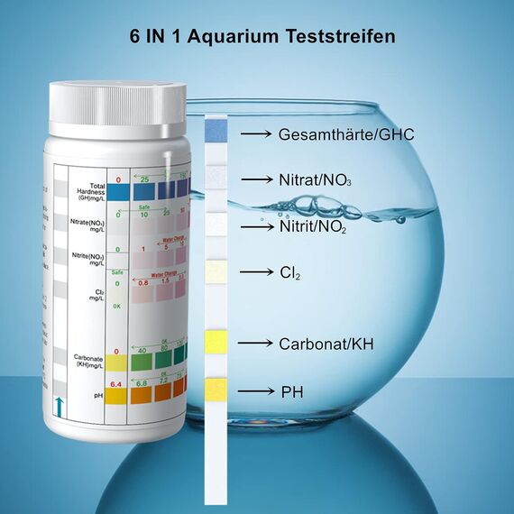 6 in 1 Aquarium Teststreifen, 100 Streifen Aquarium Test Kit zum Testen von PH Nitrit Nitrat Chlor Allgemein Karbonathärte, genaue Salzwasser, Süßwasser Aquarium Wasserprüfung