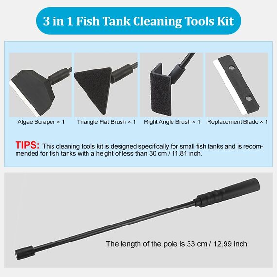 3 in 1 Aquarium Reinigungswerkzeuge, Algenschaber Aquariumschaber, Aquarium Algen Rasiermesser Schaber,14 Zoll Aquarien Reinigung Werkzeug mit Abnehmbarer Stange,Edelstahl Klingen für Glas Fischbecken