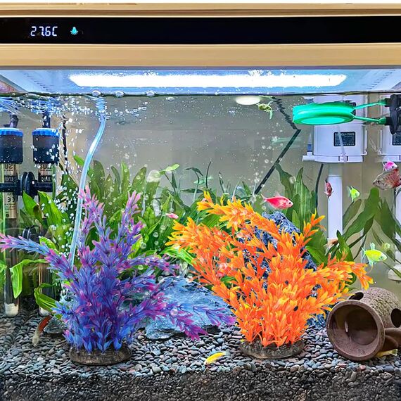 Vivifying Künstliche Aquarium Pflanzen 2 Stück, Aquarium Deko Orange & Dunkelblau, Kunststoff Wasserpflanzen für Miniteich & Fischbecken, 25cm Deko Pflanzen