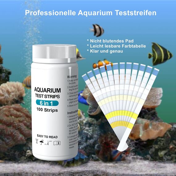 6 in 1 Aquarium Teststreifen, 100 Streifen Aquarium Test Kit zum Testen von PH Nitrit Nitrat Chlor Allgemein Karbonathärte, genaue Salzwasser, Süßwasser Aquarium Wasserprüfung