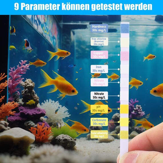 9 in 1 Aquarium Teststreifen 100 Streifen Aquarium Test,Aquarium Wassertest Aquarium Teststreifen für Aquarien Aquarium Zubehör zur Messung von pH Wasserhärte Chlor Nitrit im Aquarium Fischbecken