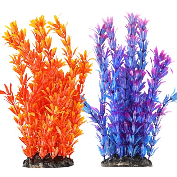 Vivifying Künstliche Aquarium Pflanzen 2 Stück, Aquarium Deko Orange & Dunkelblau, Kunststoff Wasserpflanzen für Miniteich & Fischbecken, 25cm Deko Pflanzen
