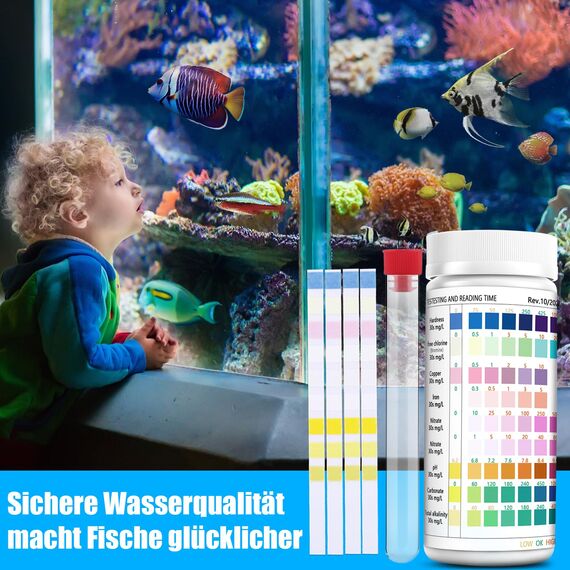 9 in 1 Aquarium Teststreifen 100 Streifen Aquarium Test,Aquarium Wassertest Aquarium Teststreifen für Aquarien Aquarium Zubehör zur Messung von pH Wasserhärte Chlor Nitrit im Aquarium Fischbecken