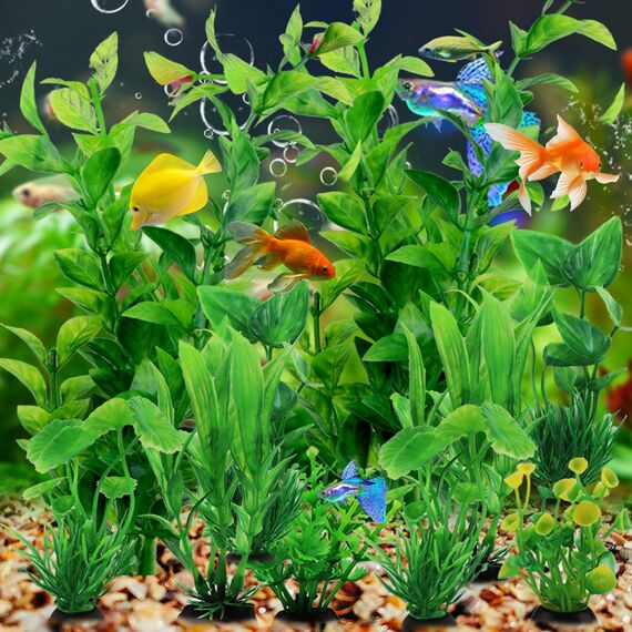 QUOZUO Aquarium Dekoration künstliche Pflanzen, 10 Stück Grün Aquarium Zubehoer Kunststoffpflanze Deko fur Aquarium, plastikpflanzen Aquariumdekor