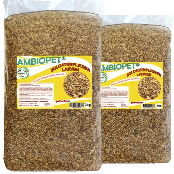 Ambiopet Soldatenfliegenlarven (Hermetia) getrocknet 2 + 1kg Packung, Black Soldier Fly, Protein- und fettreiches Wildvogelfutter, reich an Calcium und Laurinsäure