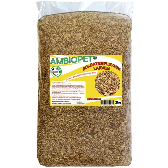 Ambiopet Soldatenfliegenlarven (Hermetia) getrocknet 2kg Packung, Black Soldier Fly, Protein- und fettreiches Wildvogelfutter, reich an Calcium und Laurinsäure