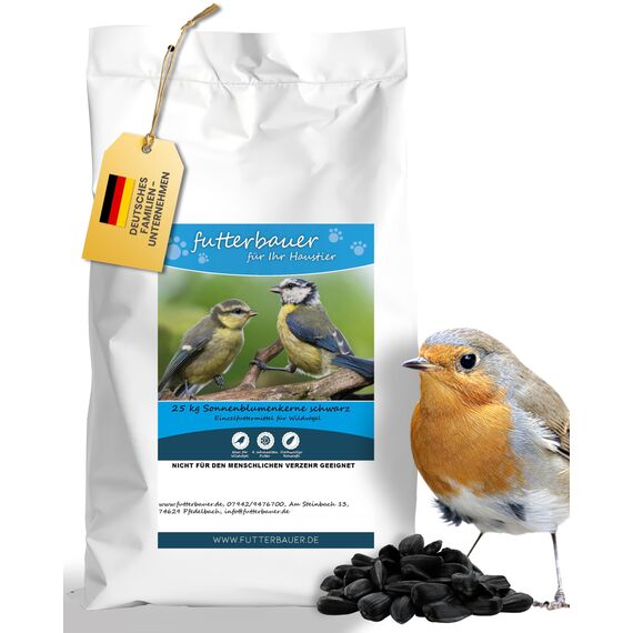 Futterbauer 25 kg Schwarze Sonnenblumenkerne im Papiersack für Vögel, 100% Natur, Hochwertige Energiequelle für Wildvögel, Hoher Fett- & Vitamin-E-Gehalt, Gereinigt & Getrocknet mit Schale, Ernte 2025