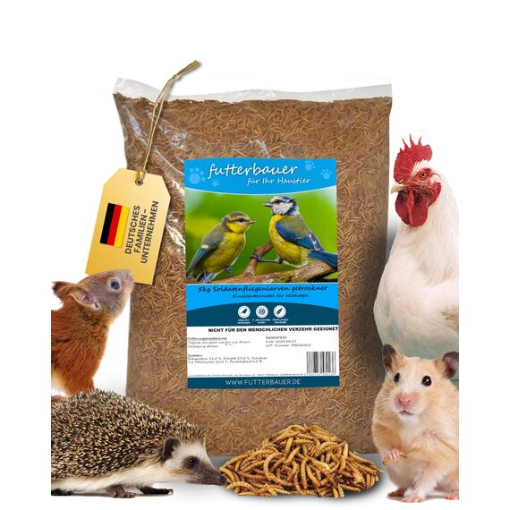 Futterbauer 5kg Soldatenfliegenlarven getrocknet, Premium Vogelfutter, Fischfutter, Futter für Reptilien und Nager, Proteinreiches Naturfutter wie Mehlwürmer