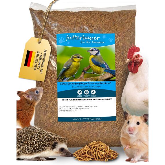 Futterbauer 10kg Soldatenfliegenlarven getrocknet, Premium Vogelfutter, Fischfutter, Futter für Reptilien und Nager, Proteinreiches Naturfutter wie Mehlwürmer