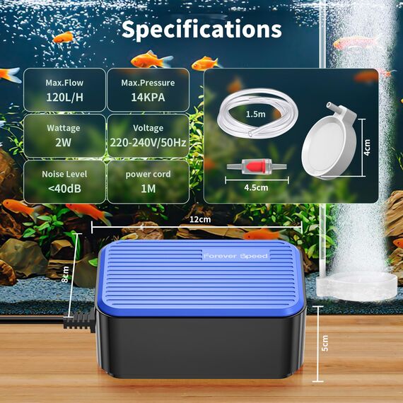 Forever Speed Leise Aquarium Luftpumpe 2W, 120L/H Luftpumpe für Aquarium Sauerstoffpumpe Sehr Leise <30db mit Einzeldurchlass Luftlöchern Vibrationsarm und Mehr Sauerstoffzufuhr 100L