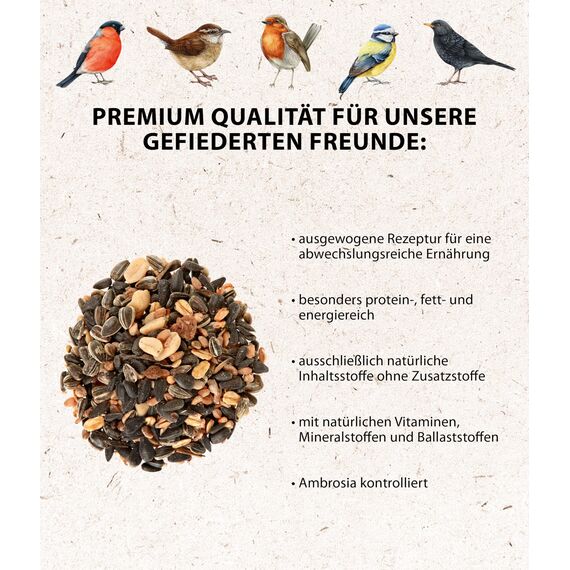 Dehner Natura Premium Wildvogelfutter, Streufutter, Ganzjahresfutter proteinreich / energiereich, hochwertiges Vogelfutter für Wildvögel, 20 kg