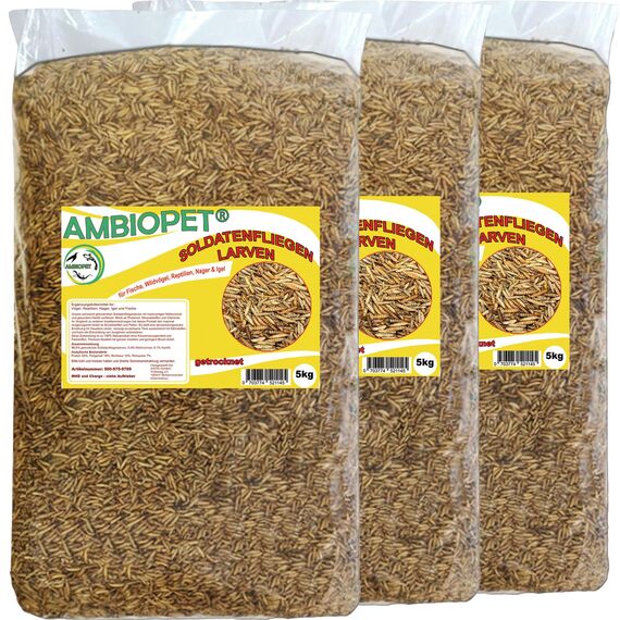Ambiopet Soldatenfliegenlarven (Hermetia) getrocknet im Beutel, Black Soldier Fly, Protein- und fettreiches Wildvogelfutter, reich an Calcium und Laurinsäure (15kg)