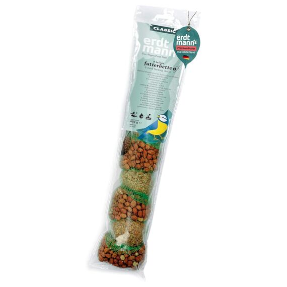 Erdtmanns Futterketten 12 x 650 g – Vogelfutter-Ketten mit Meisenknödeln & Nussbeuteln – abwechslungsreiches Ganzjahresfutter für Wildvögel – zum Aufhängen – Lange Haltbarkeit