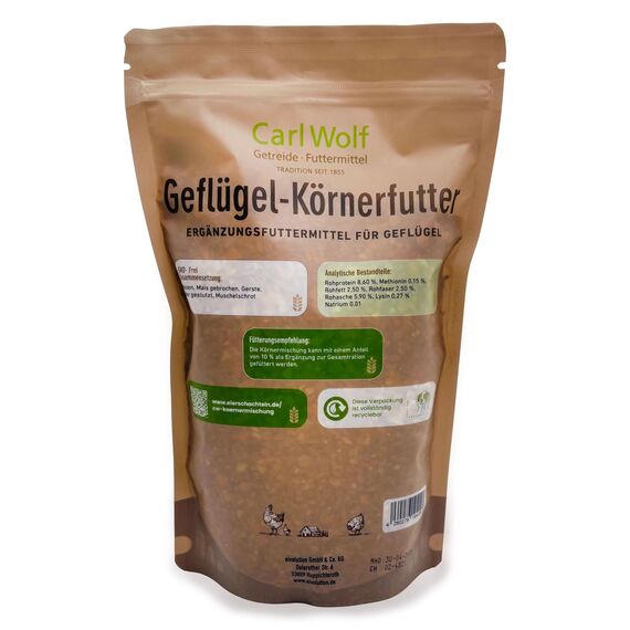Carl Wolf - Geflügelkörnerfutter - 800g - Probiergröße - Natürliche Premium-Qualität für gesundes Geflügel - Hühner - Enten - Regional - Naturbelassen - Ohne Gentechnik
