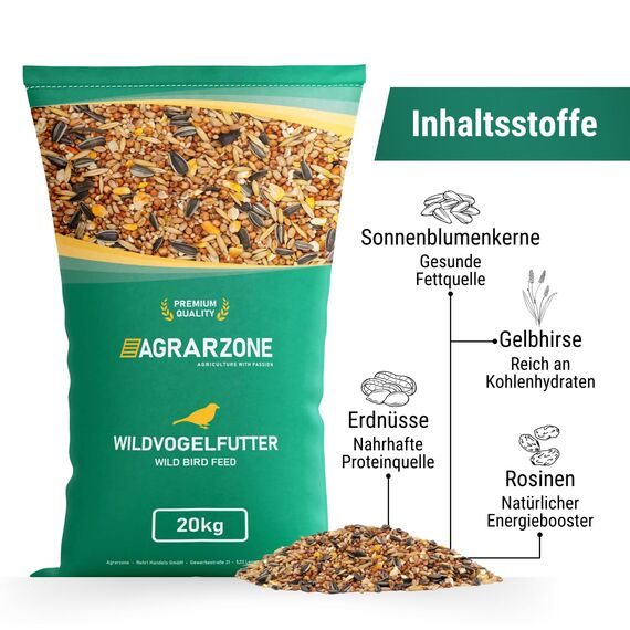 Agrarzone Vogelfutter Wildvögel ganzjährig 20kg - Wildvogelfutter 20 kg mit hochwertigem Körner-Mix für alle Vögel - Fettfutter mit Sonnenblumenkerne - Staubfrei & ohne Zusatzstoffe